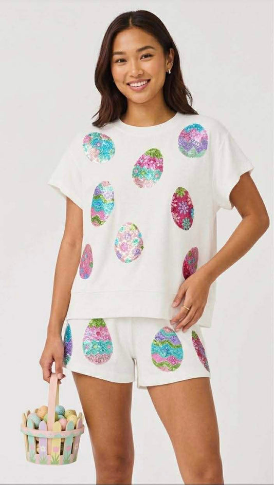 White Sequin Easter Egg Top and Bottom Set