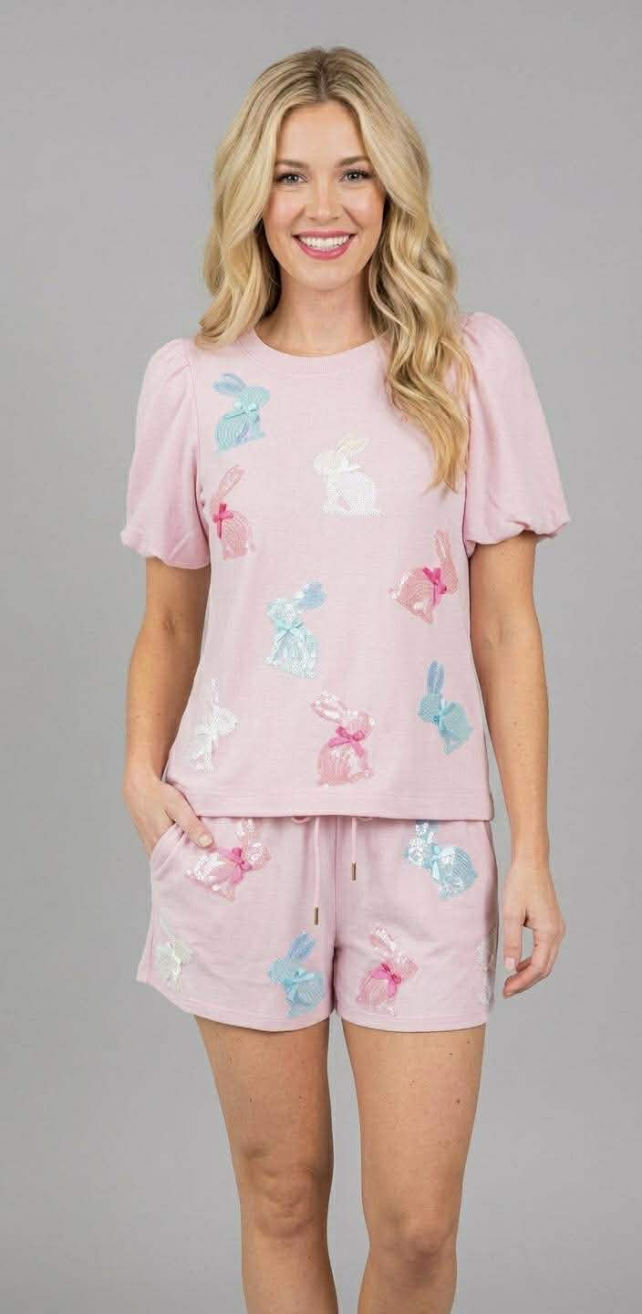 Pink Easter Top and Short Set with Sequin Bunnies and Bows