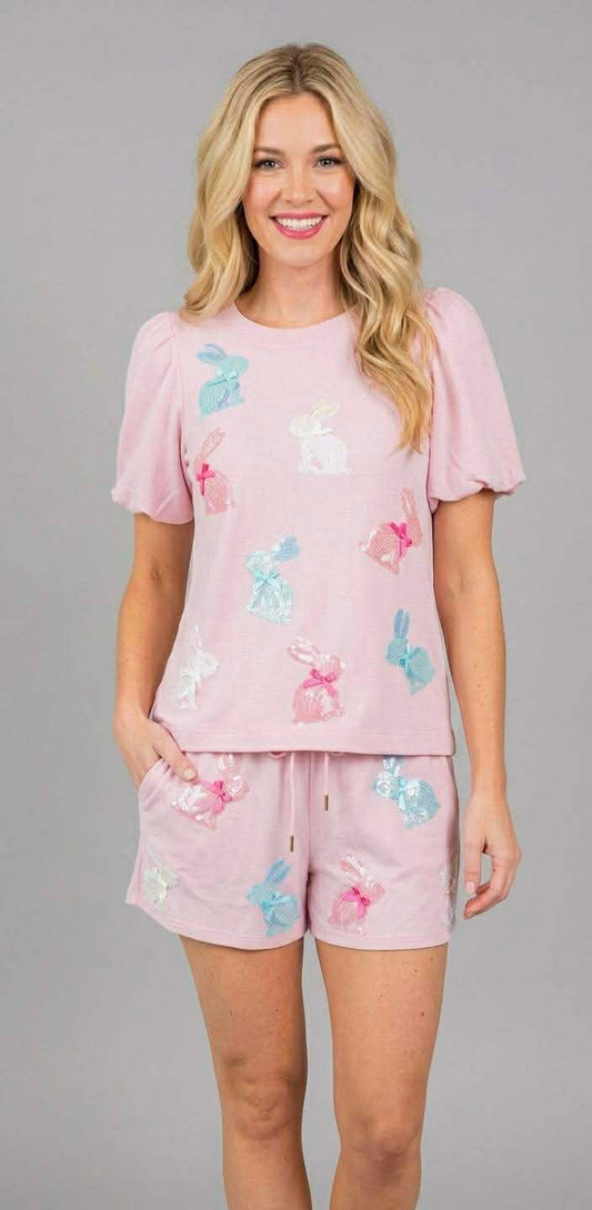 Pink Easter Top and Short Set with Sequin Bunnies and Bows