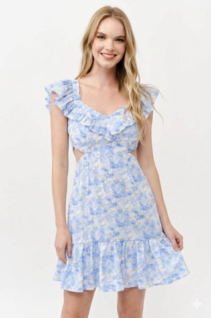 Blue Floral Flutter Sleeve Cut Out Dress with Shoelace Cross Back