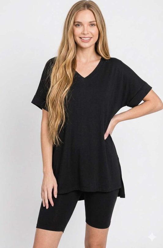 Zenana Black Oversized Microfiber V-neck Top & Shorts Set