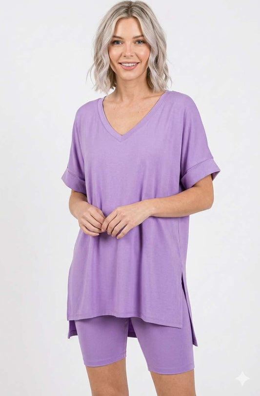 Zenana Lavender Oversized Microfiber V-neck Top & Shorts Set