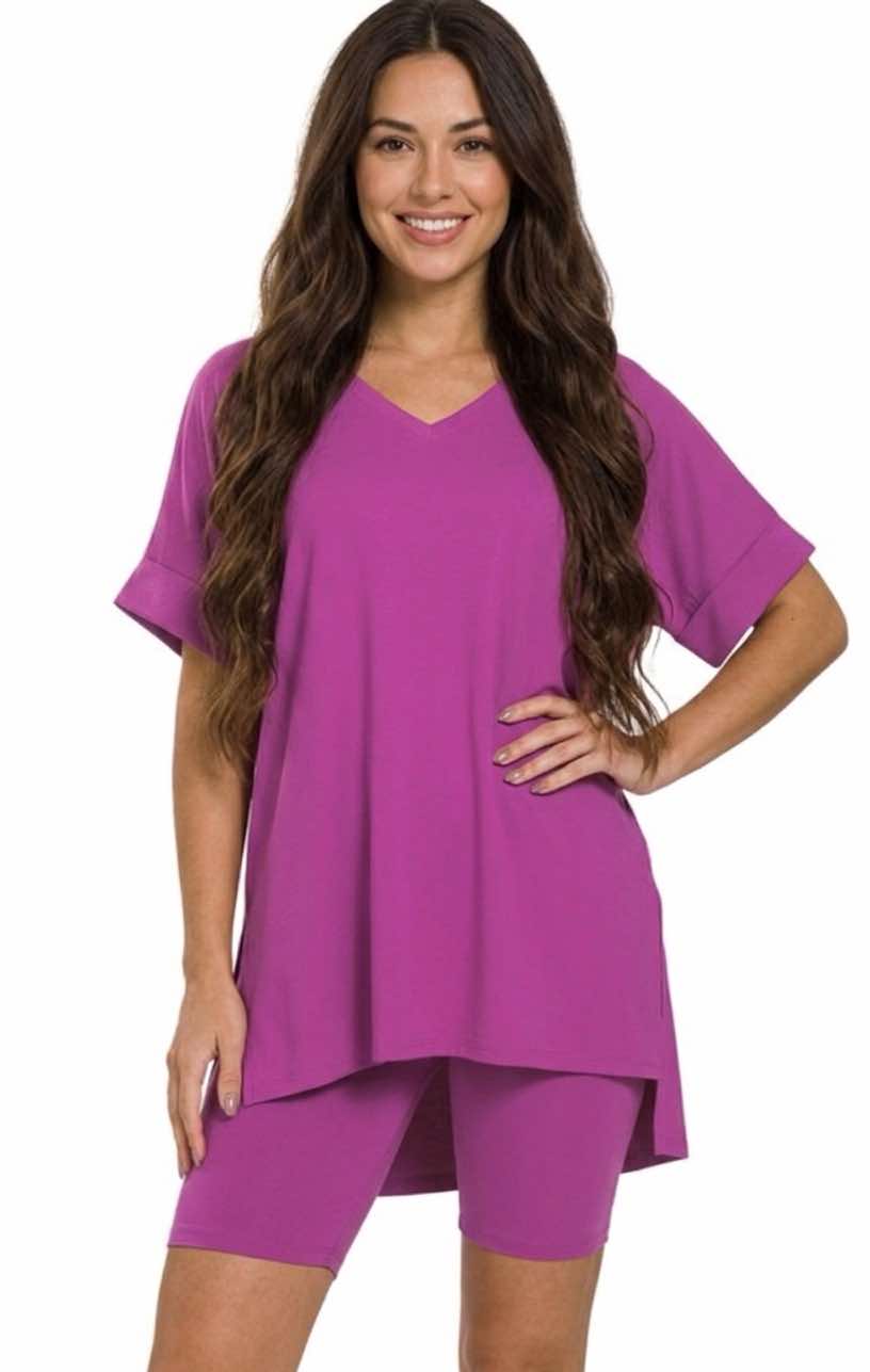 Zenana Light Plum Oversized Microfiber V-neck Top & Shorts Set