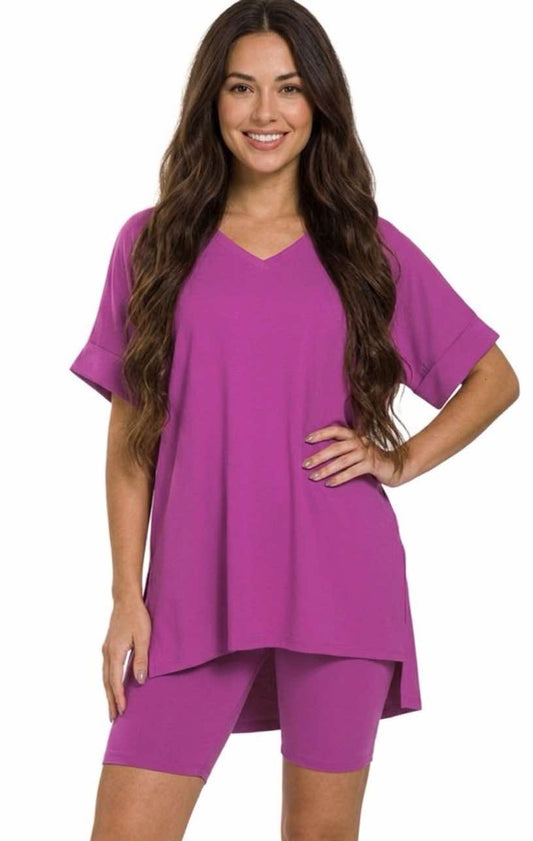 Zenana Light Plum Oversized Microfiber V-neck Top & Shorts Set