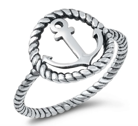 925 Sterling Silver Oxidized Circle Anchor Rope Ring