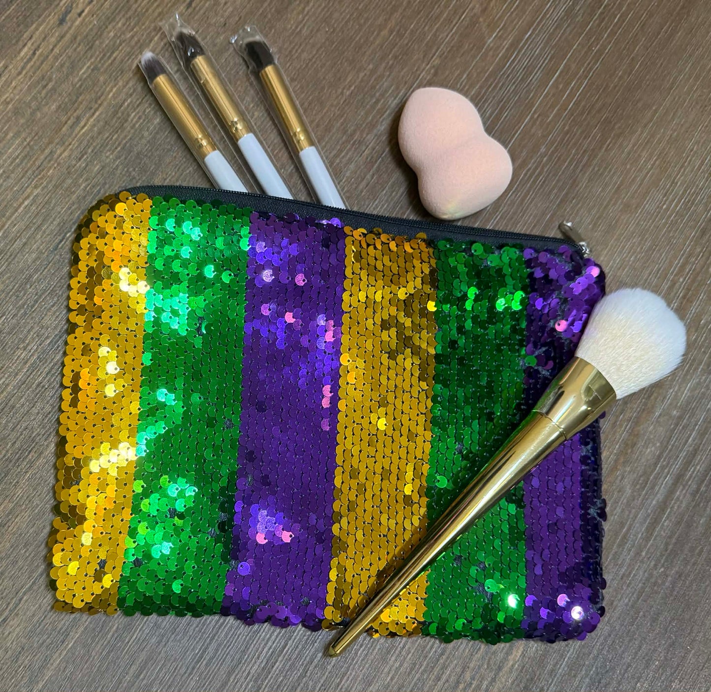 Purple Green and Gold lined Stripe Sequin Mardi Gras Make up Bag