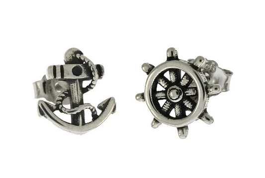 925 Sterling Silver Anchor & Wheel Nautical Mismatch Small Stud Earrings