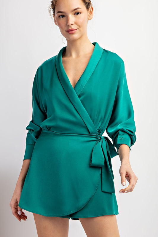 Green Bow Tie Waist V-Neck Satin Romper Dress