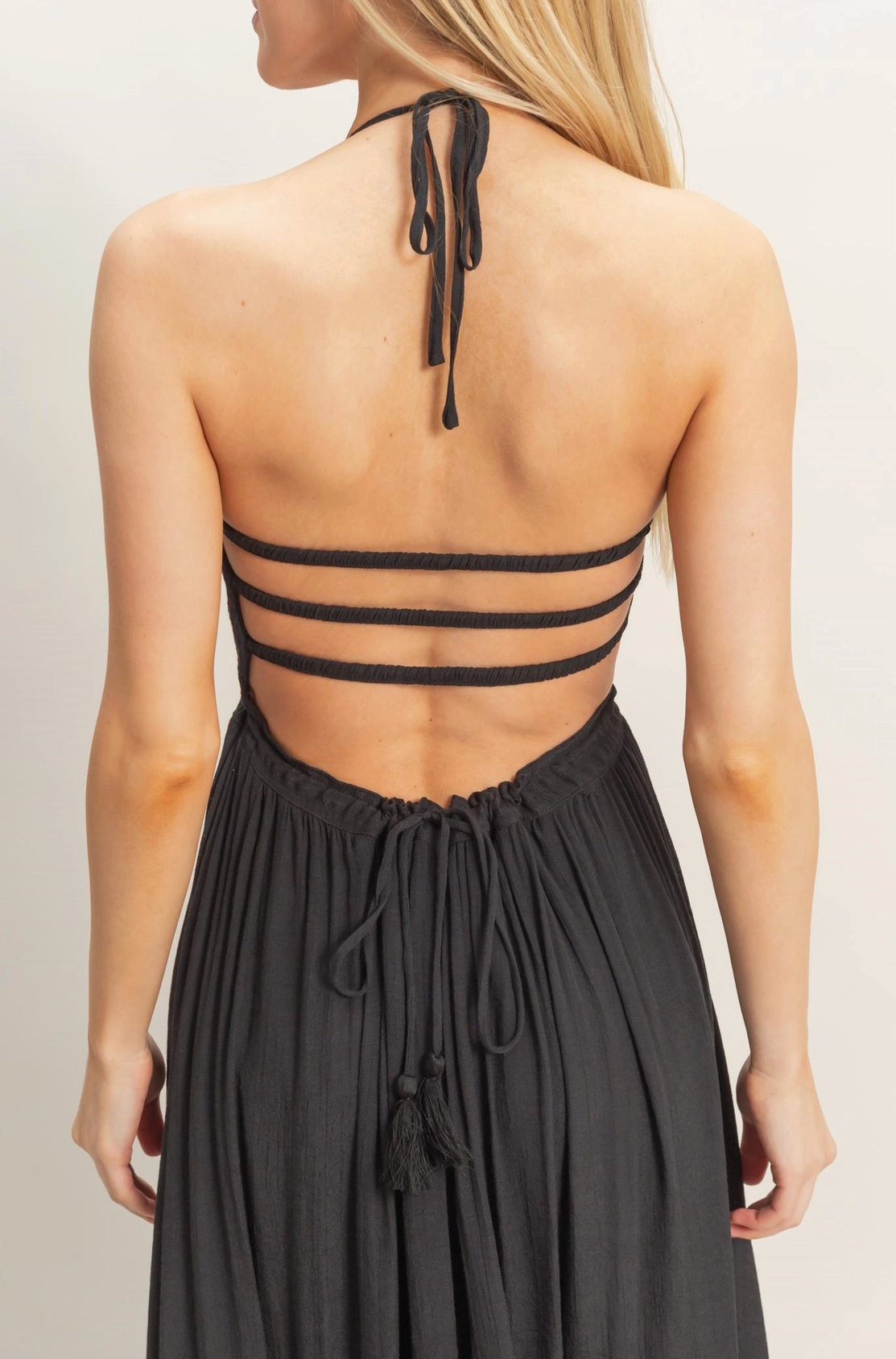 Long Black Maxi Halter Top Dress with Statement Back