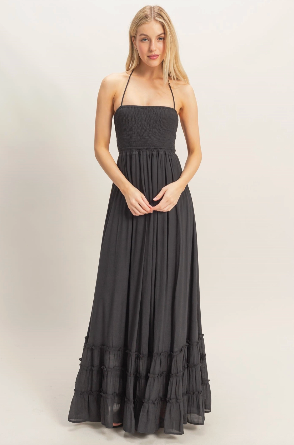 Long Black Maxi Halter Top Dress with Statement Back