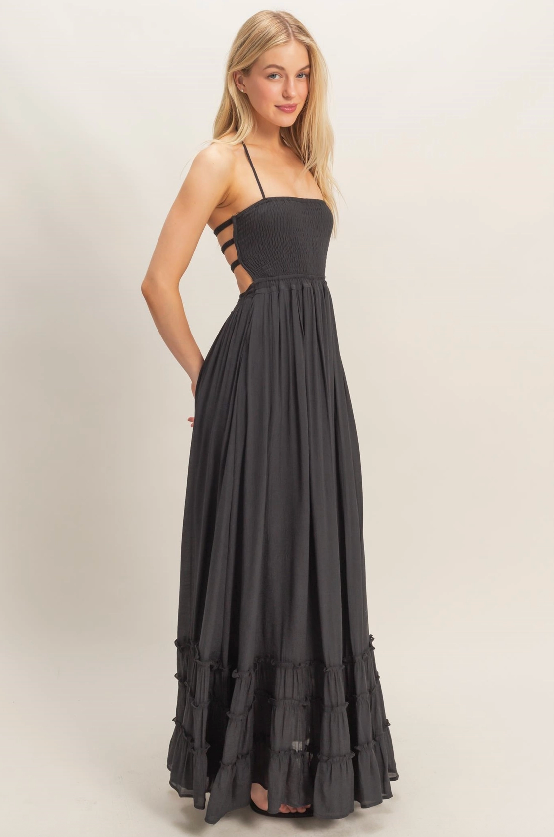 Long Black Maxi Halter Top Dress with Statement Back