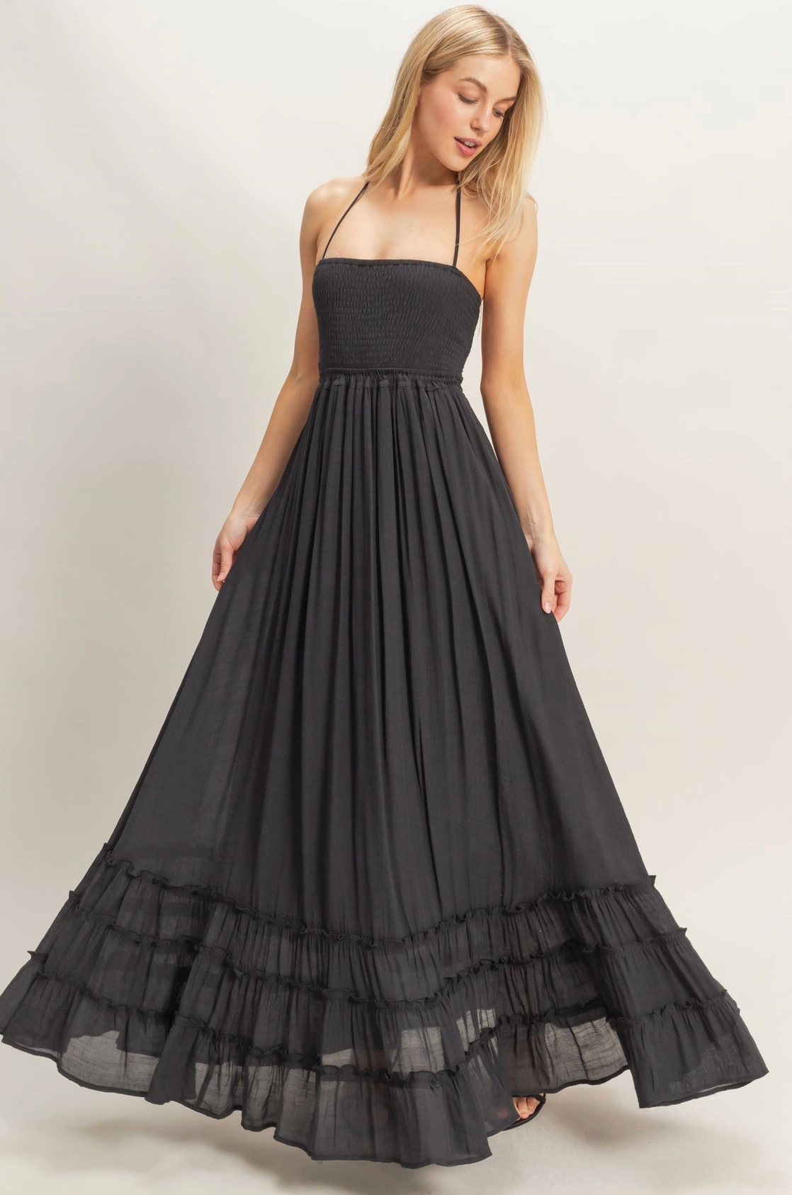 Long Black Maxi Halter Top Dress with Statement Back