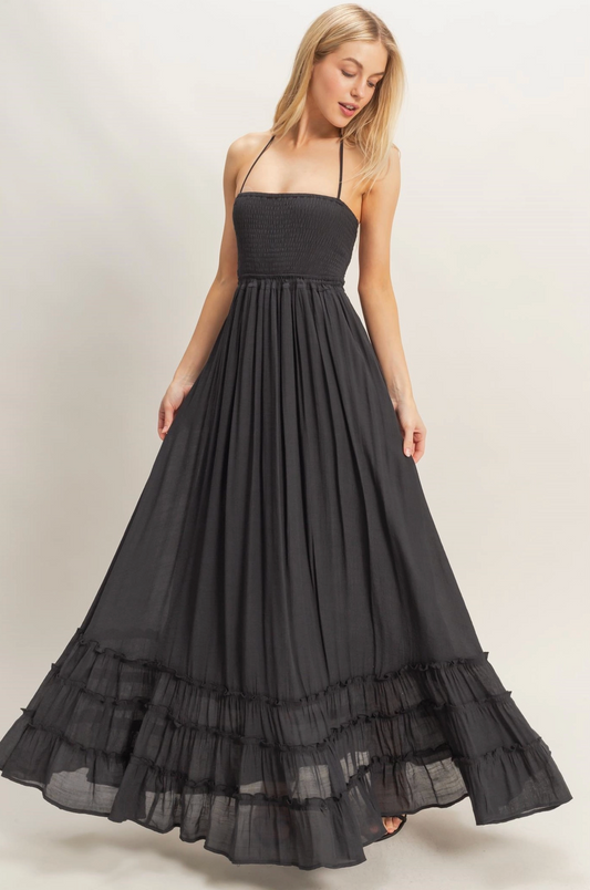 Long Black Maxi Halter Top Dress with Statement Back