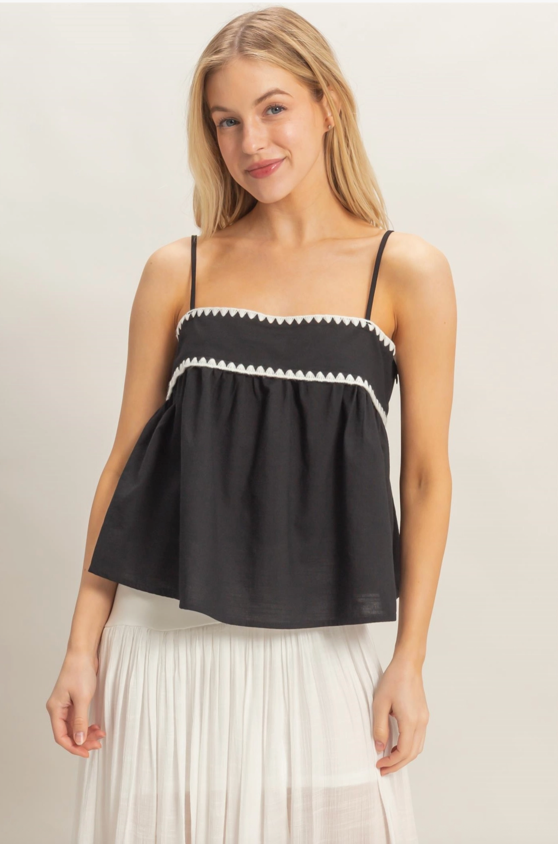 Black and Off White Scallop Trim High-Waisted Shorts and Babydoll Top Set