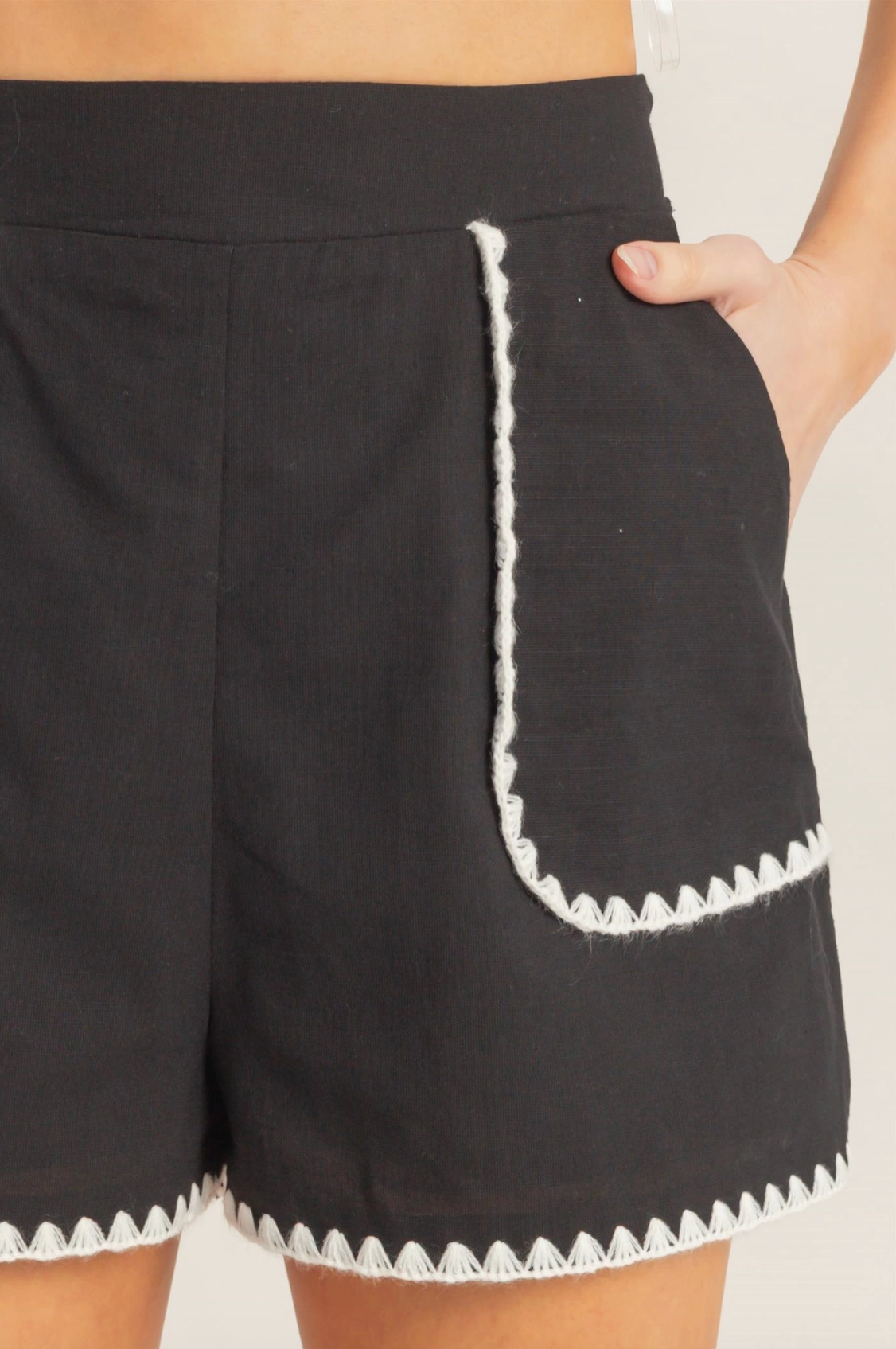 Black and Off White Scallop Trim High-Waisted Shorts and Babydoll Top Set