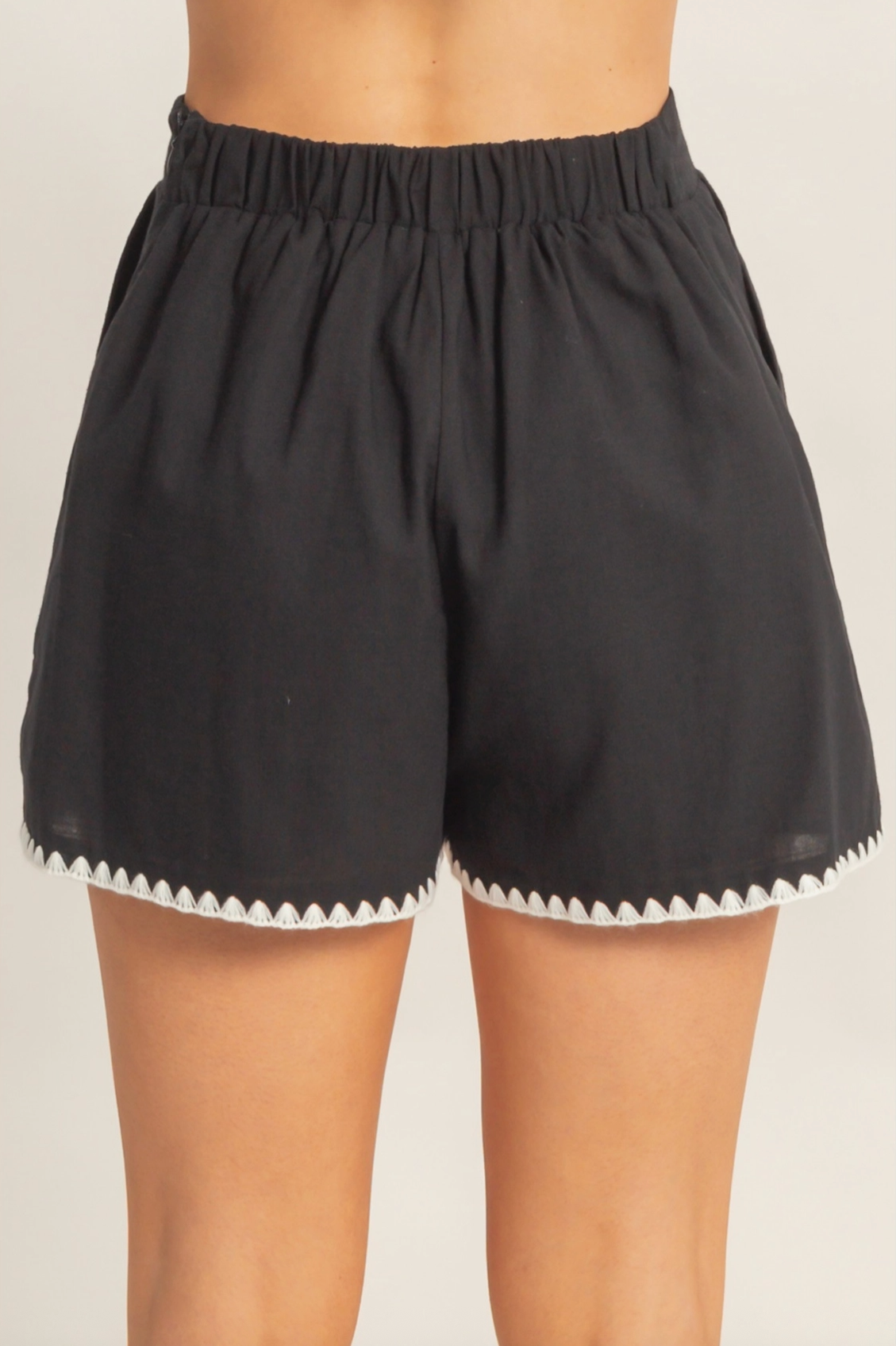 Black and Off White Scallop Trim High-Waisted Shorts and Babydoll Top Set