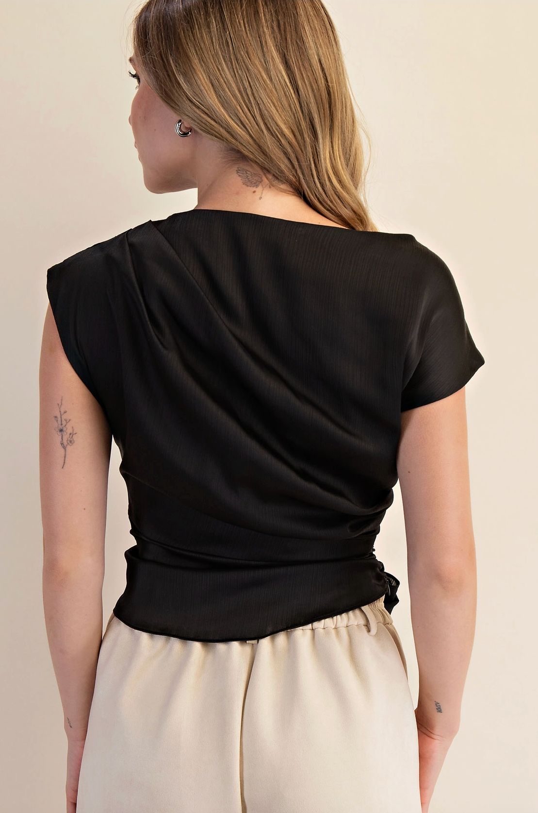 Black Asymmetrical Neckline Bow Tie Waist Top