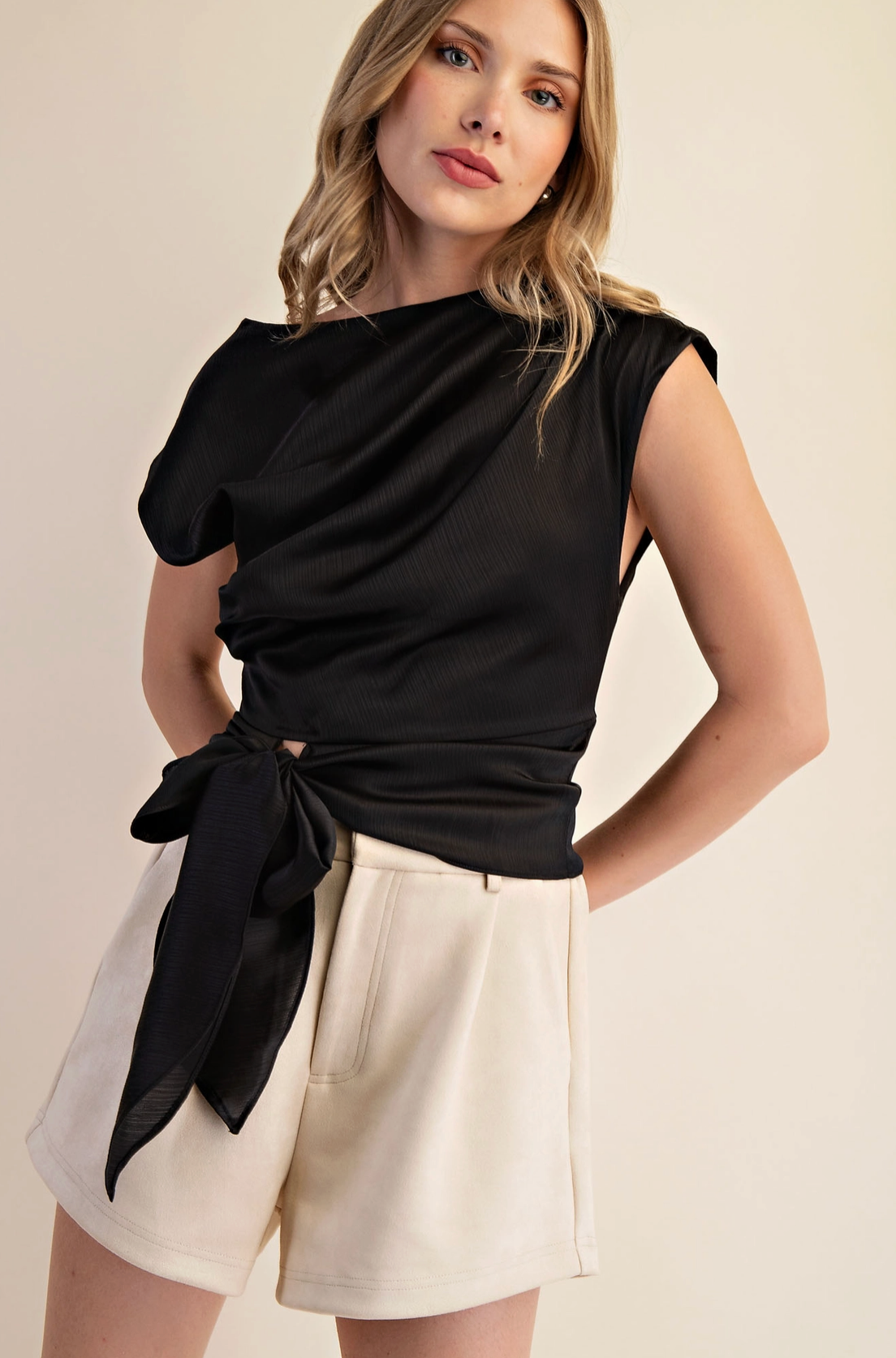 Black Asymmetrical Neckline Bow Tie Waist Top