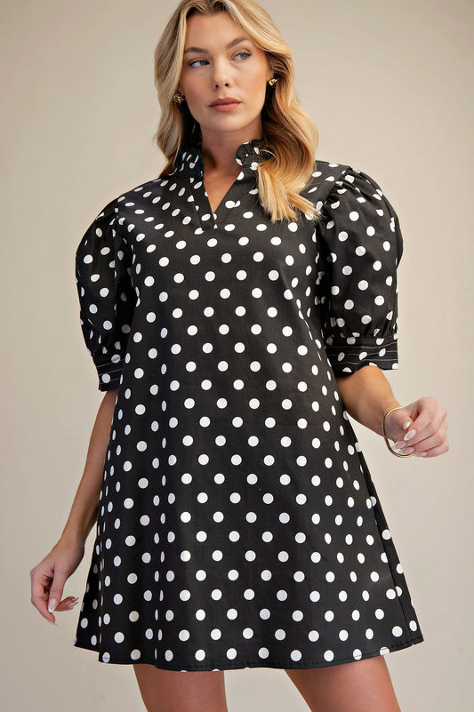 Ruffle V-Neck Black and White Polka Dot Puff Sleeve Dress with Pockets