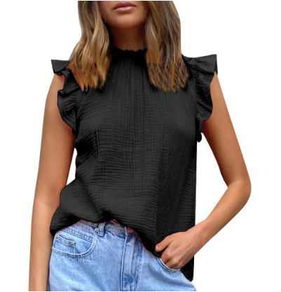 Ruffled Neck Black Top