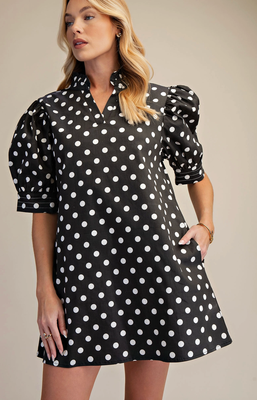 Ruffle V-Neck Black and White Polka Dot Puff Sleeve Dress with Pockets