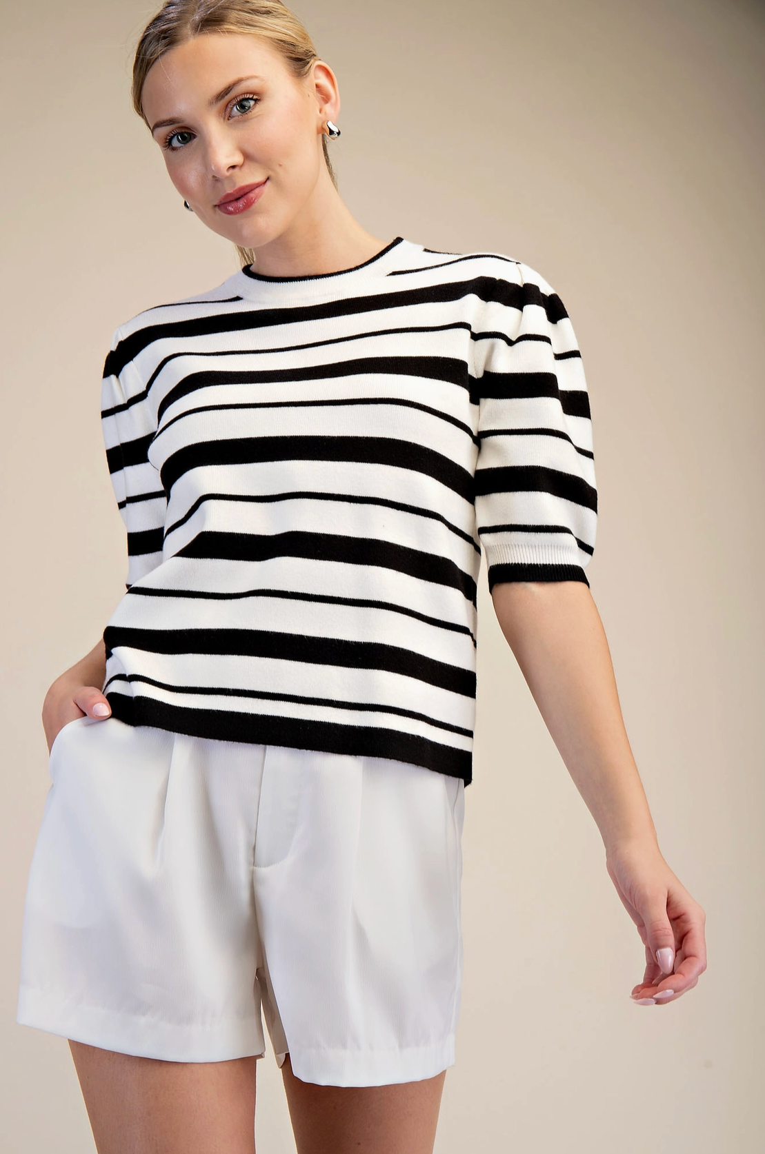 Black and White Stripe Round Neck Short Puff Sleeve Knit Sweater Top