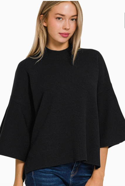 Black Bell Sleeve Sweater with High Low Hem