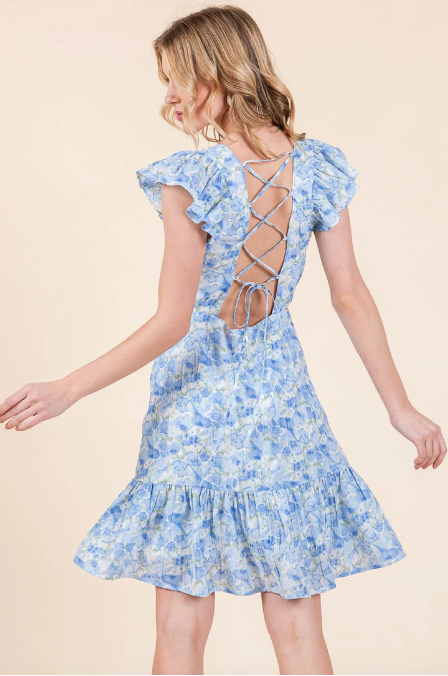 Blue Floral Flutter Sleeve Cut Out Dress with Shoelace Cross Back