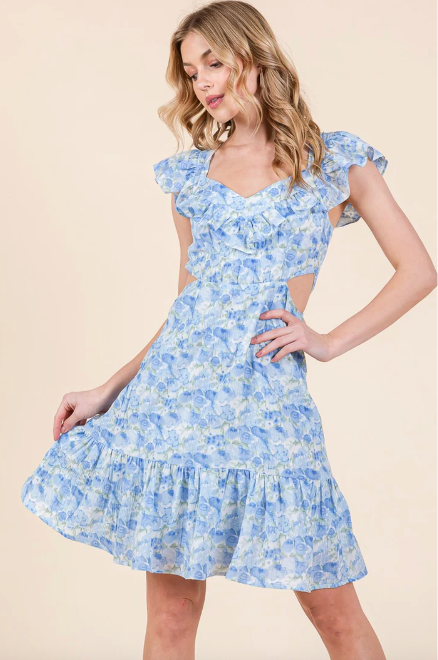 Blue Floral Flutter Sleeve Cut Out Dress with Shoelace Cross Back