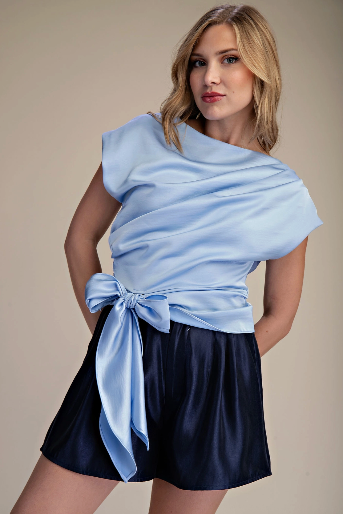Sky Blue Asymmetrical Neckline Bow Tie Waist Top