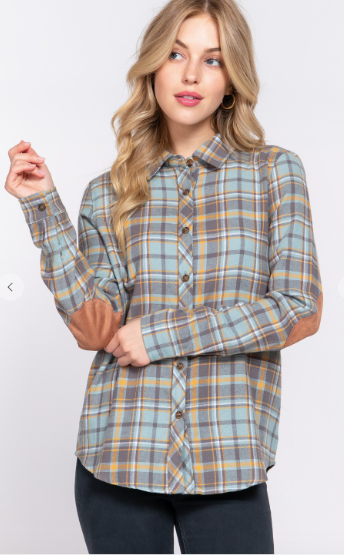 Blue & Golden Long Sleeve Flannel with faux Suede Patch Button Down Plaid Shirt