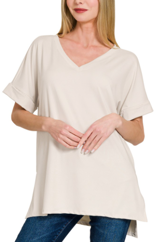 Zenana Bone Oversized High- Low Hem Rolled Short Sleeve V-neck Top