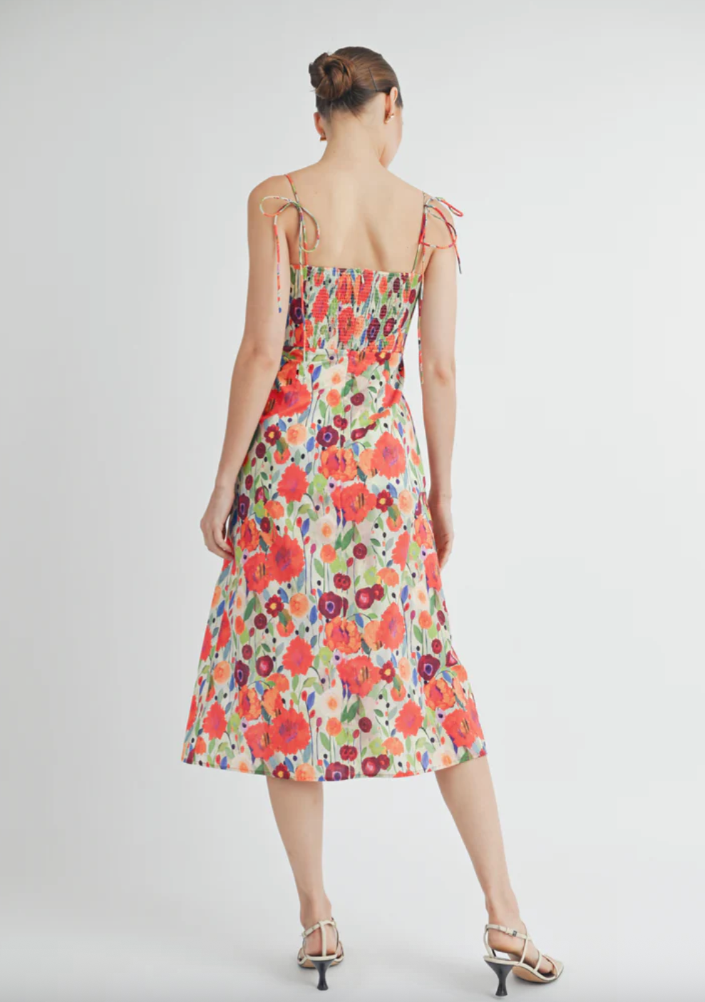 Vibrant Floral Midi Dress With Smocked Back and High Slit