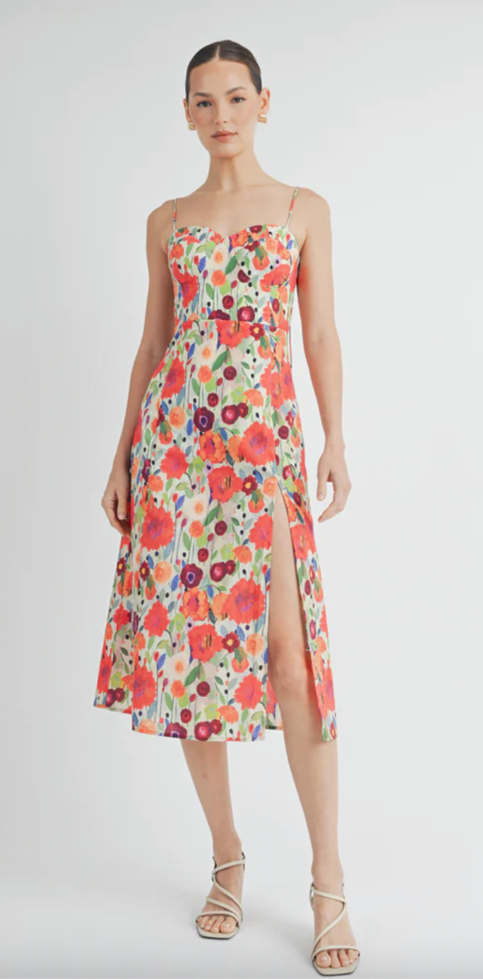 Vibrant Floral Midi Dress With Smocked Back and High Slit