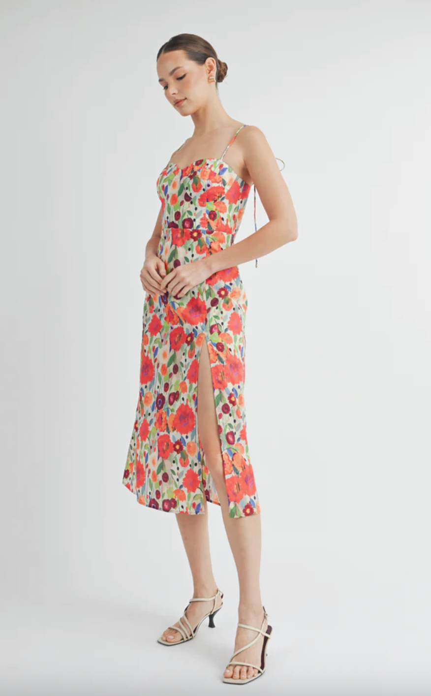Vibrant Floral Midi Dress With Smocked Back and High Slit