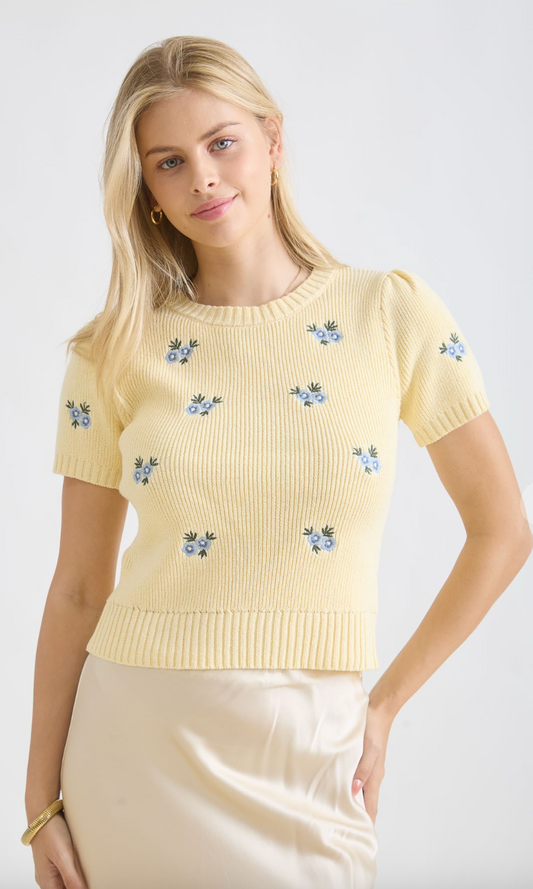 Butter Yellow Short Sleeve Sweater with Blue Floral Embroidery Embellishments Top