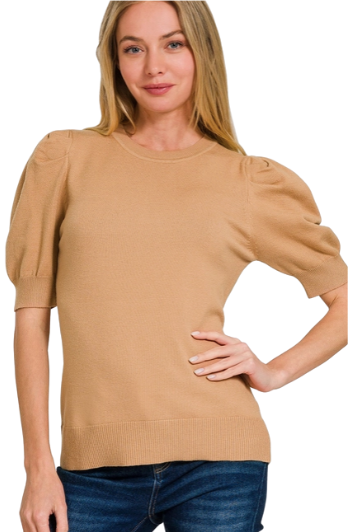 Caramel Puff Short Sleeve Sweater Top