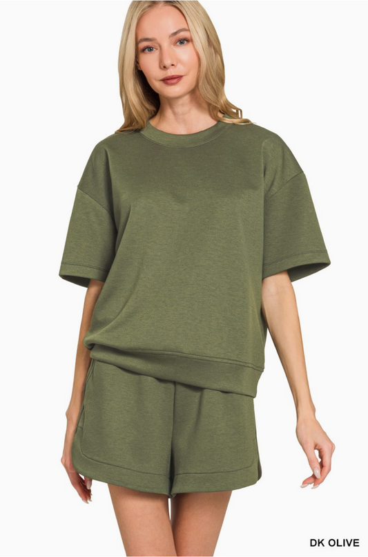 Zenana Olive Green Scuba Round Neck Top & Dolphin Shorts Set