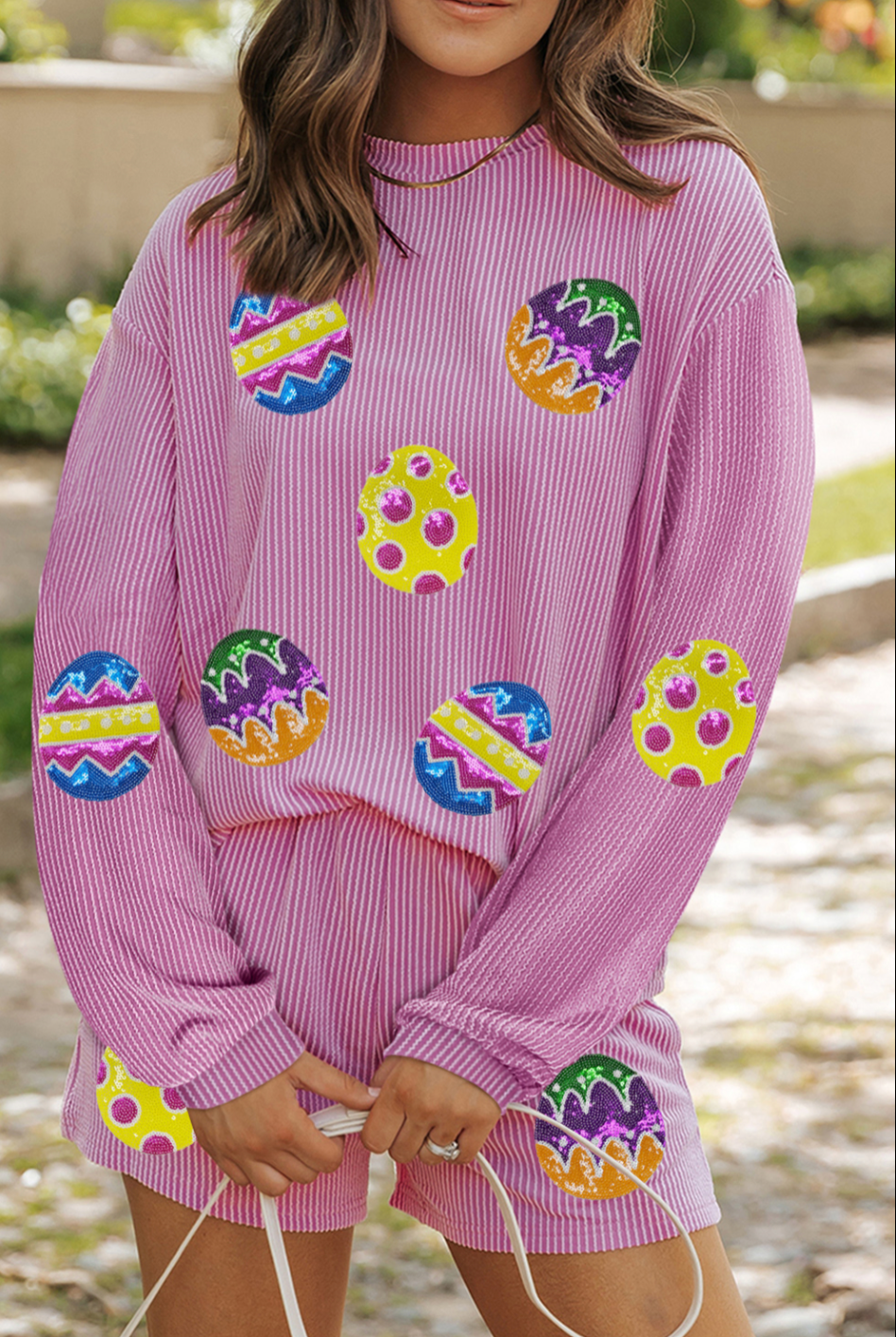 Long Sleeve Pink Ribbed Sequin Easter Egg Patch 2 Piece Shorts and Top Set