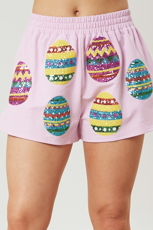 Light Pink Elastic Waist Sequin Easter Egg Shorts with Pockets
