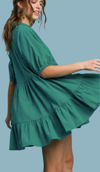 Jade Green V-Neck Tiered Women's Mini Baby Doll Dress