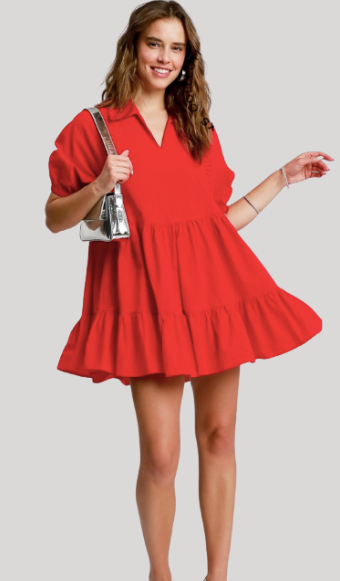 Cherry Red V-Neck Tiered Women's Mini Baby Doll Dress