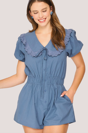 Light Navy Button Down Romper with Bow Collar