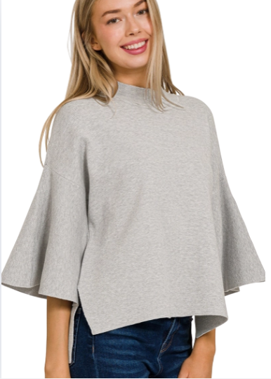 Grey Bell Sleeve Sweater with High Low Hem