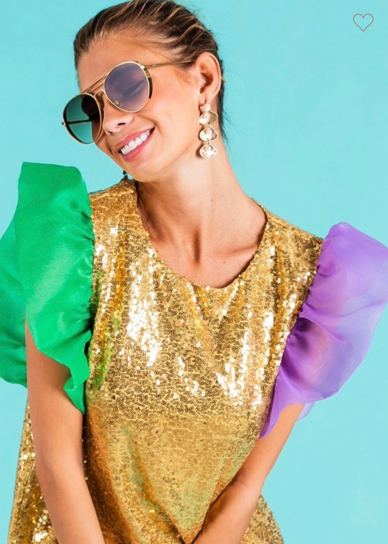 Purple, Green, and Gold Torso Sequin Color Block Top with Organza Puff Sleeve