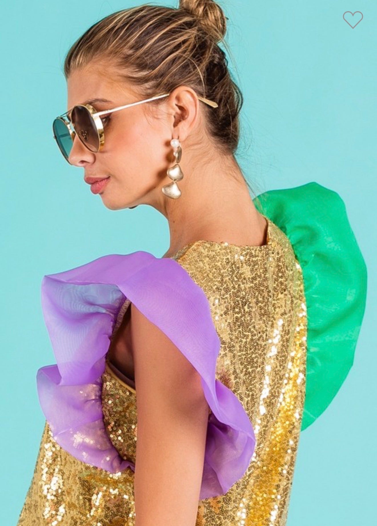 Purple, Green, and Gold Torso Sequin Color Block Top with Organza Puff Sleeve