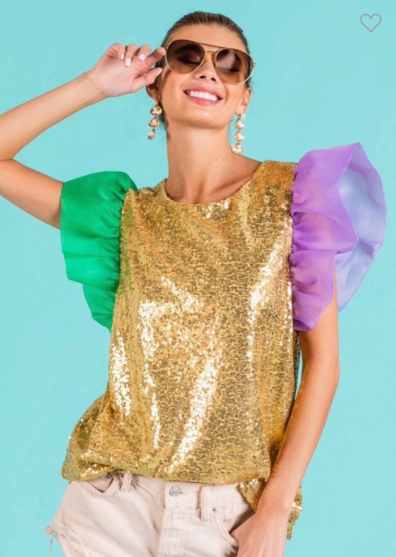 Purple, Green, and Gold Torso Sequin Color Block Top with Organza Puff Sleeve
