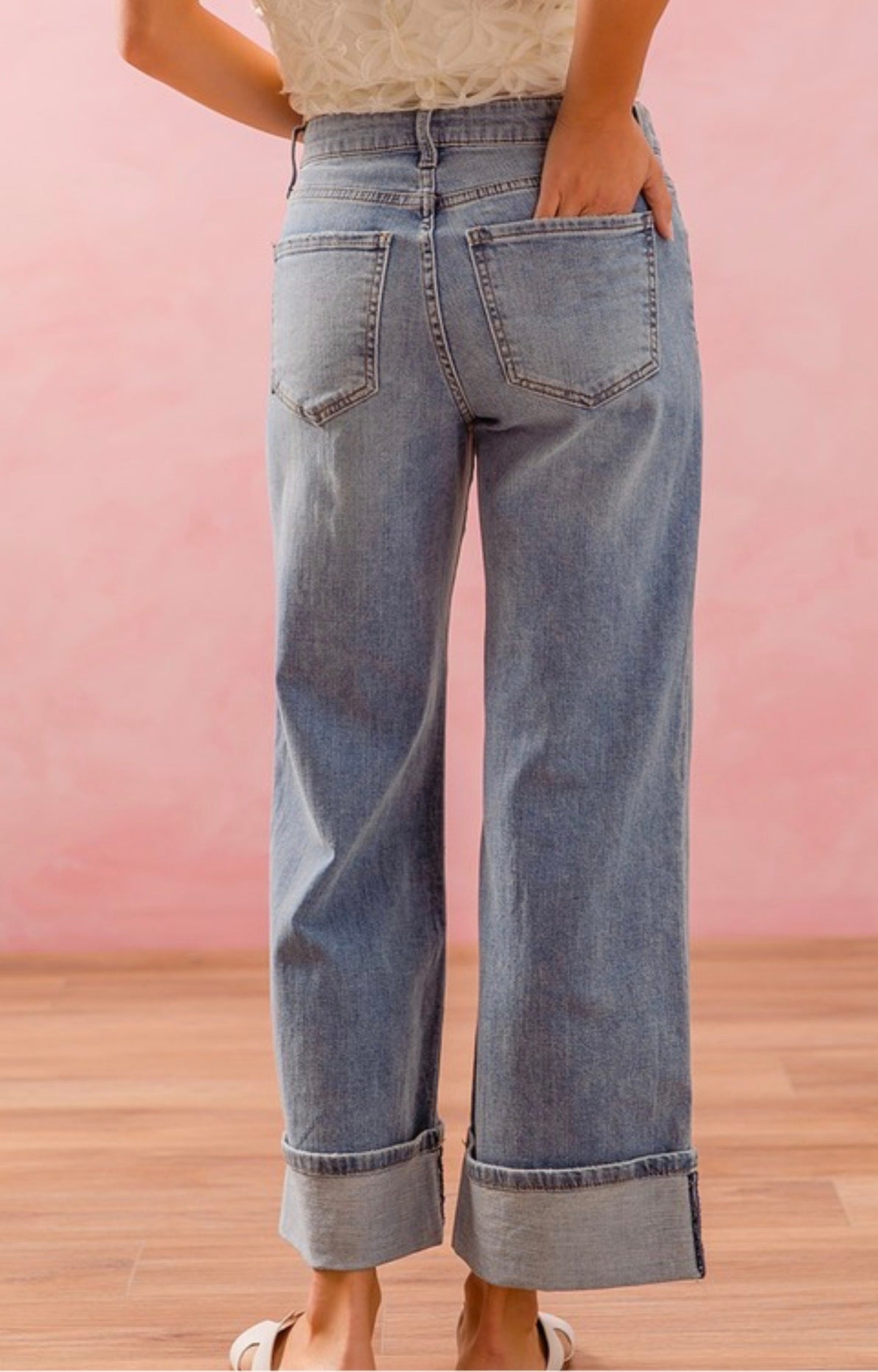 Straight Leg Relaxed Fit Mid Rise Denim Jeans with Roll up Hem