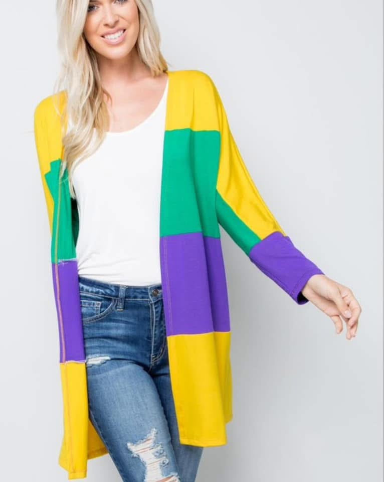 Purple Green & Gold Mardi Gras Color Block Lightweight Cardigan