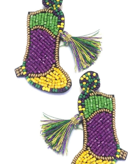 Beaded Multicolor Mardi Gras Boot Post Earrings with Mini Tassels